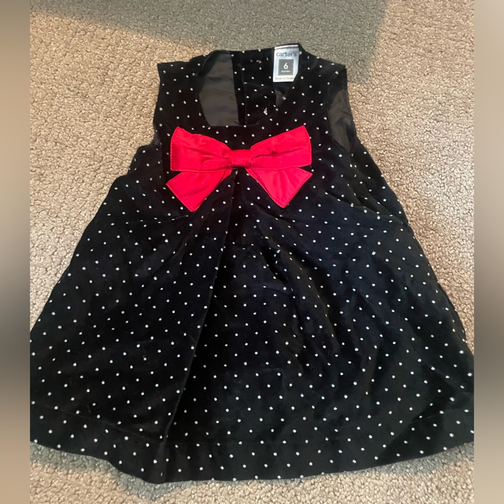 Adorable Carter’s  6 month  Black and White Polka Dot Velvet Dress with Red Bow‎